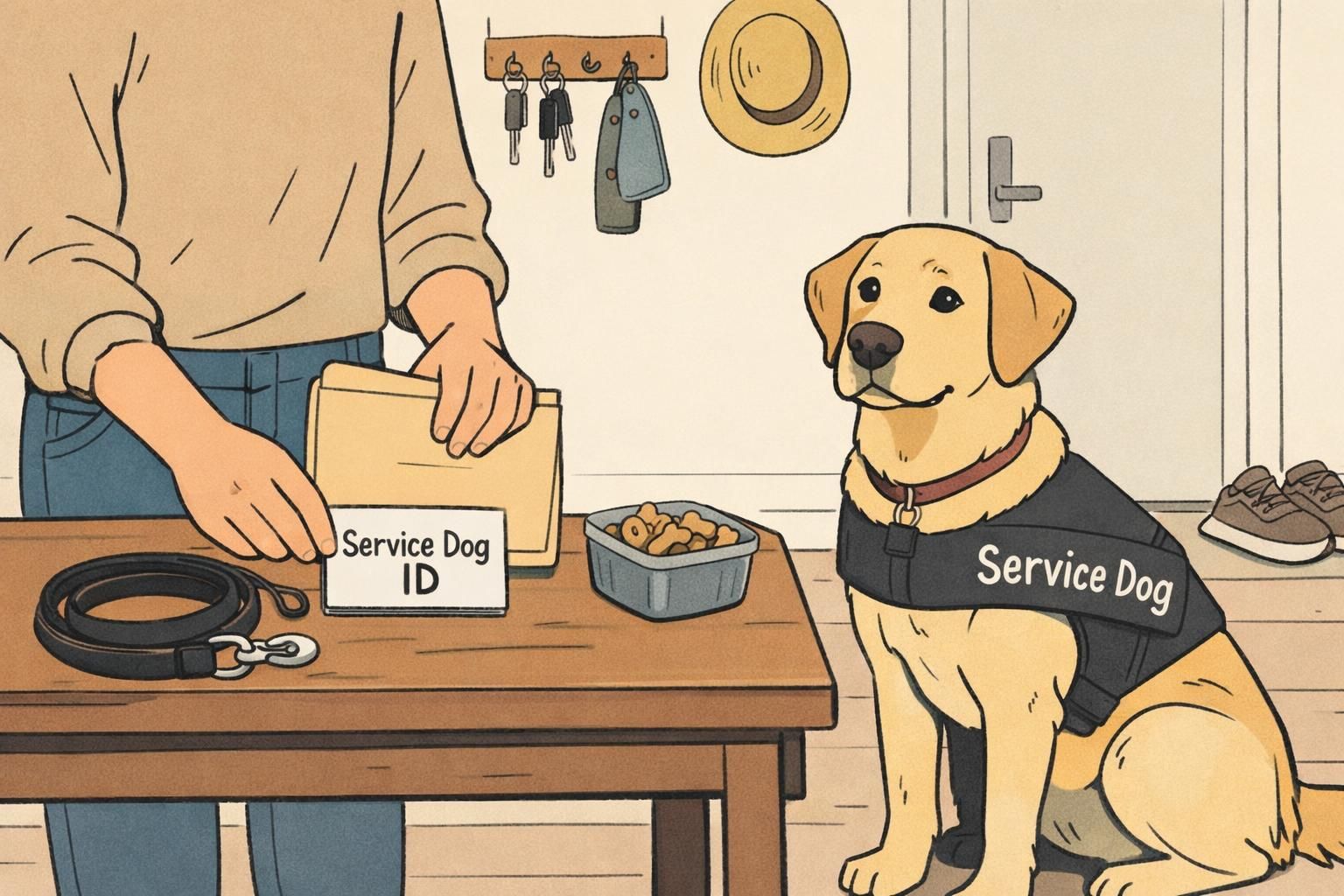 A tidy home entryway where a handler arranges an ID card and travel folder on a table while the service dog sits calmly nearby, highlighting travel prep and identification.