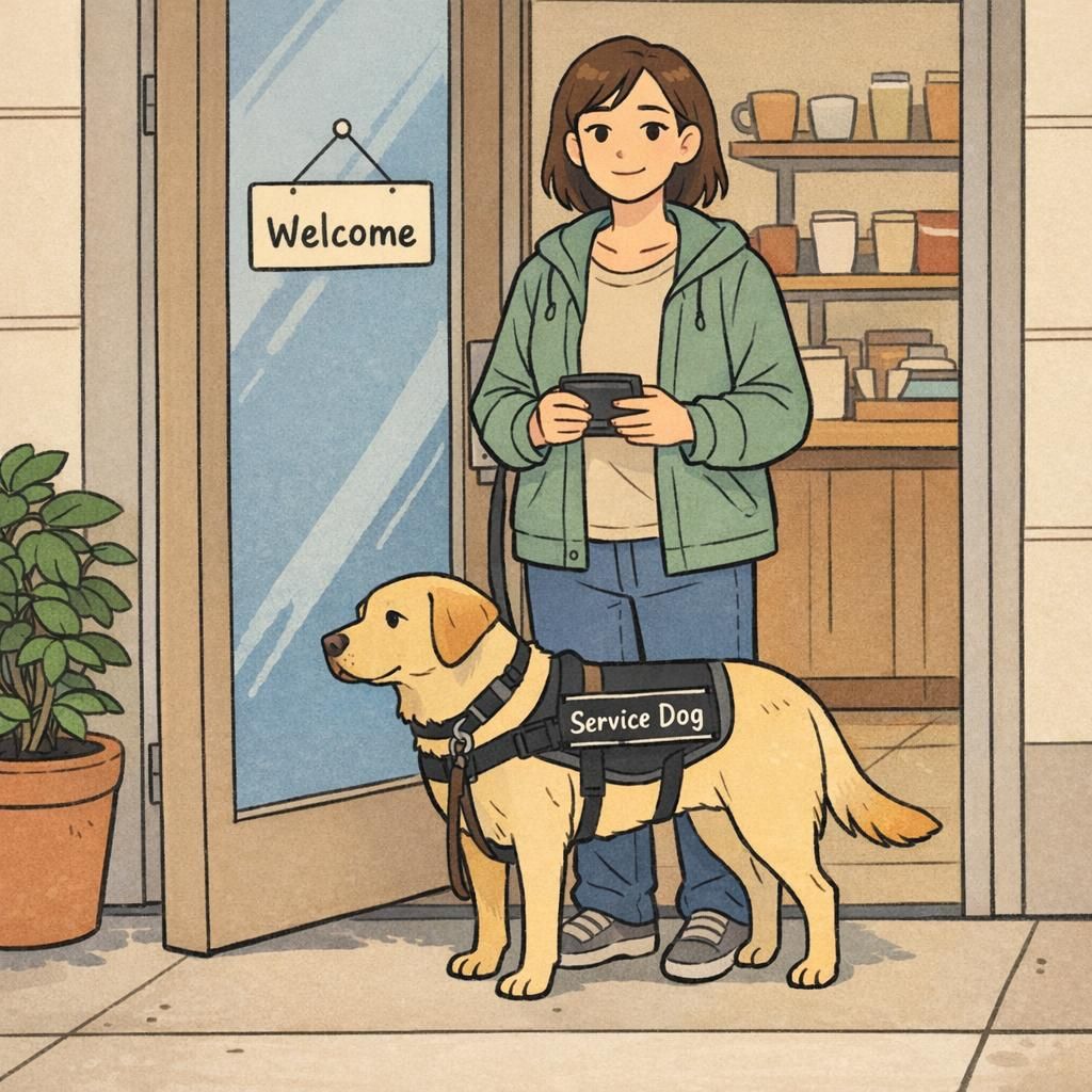 A handler pauses at a storefront entrance with a service dog at their side while holding an ID card holder, illustrating an everyday access interaction.