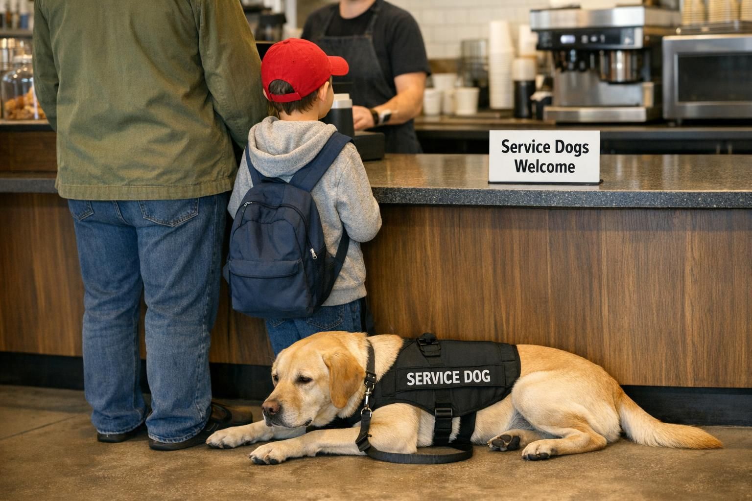 Inside a café where a child stands beside a parent while their service dog lies quietly under a table, demonstrating controlled public behavior.