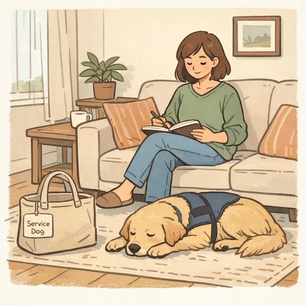 A person seated on a sofa in a calm living room with a relaxed dog lying nearby and a tote bag with identification on the floor.