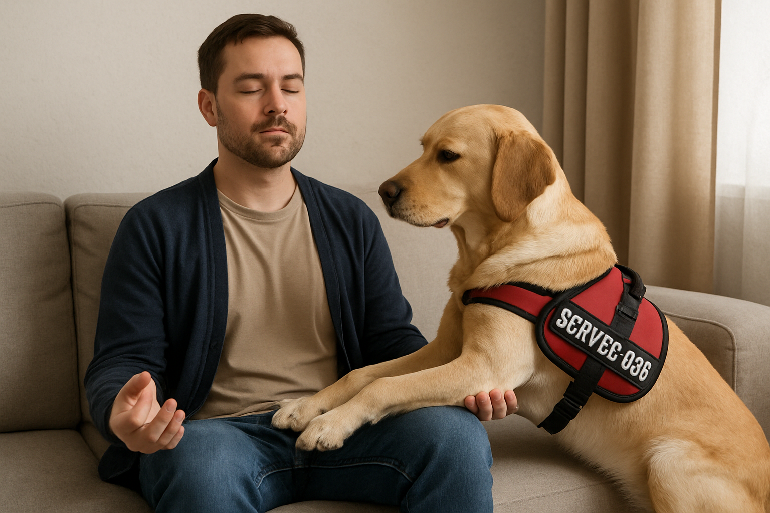 A service dog performs calm deep pressure support by resting its front paws gently on a seated handler’s lap during a regulation routine on a couch.