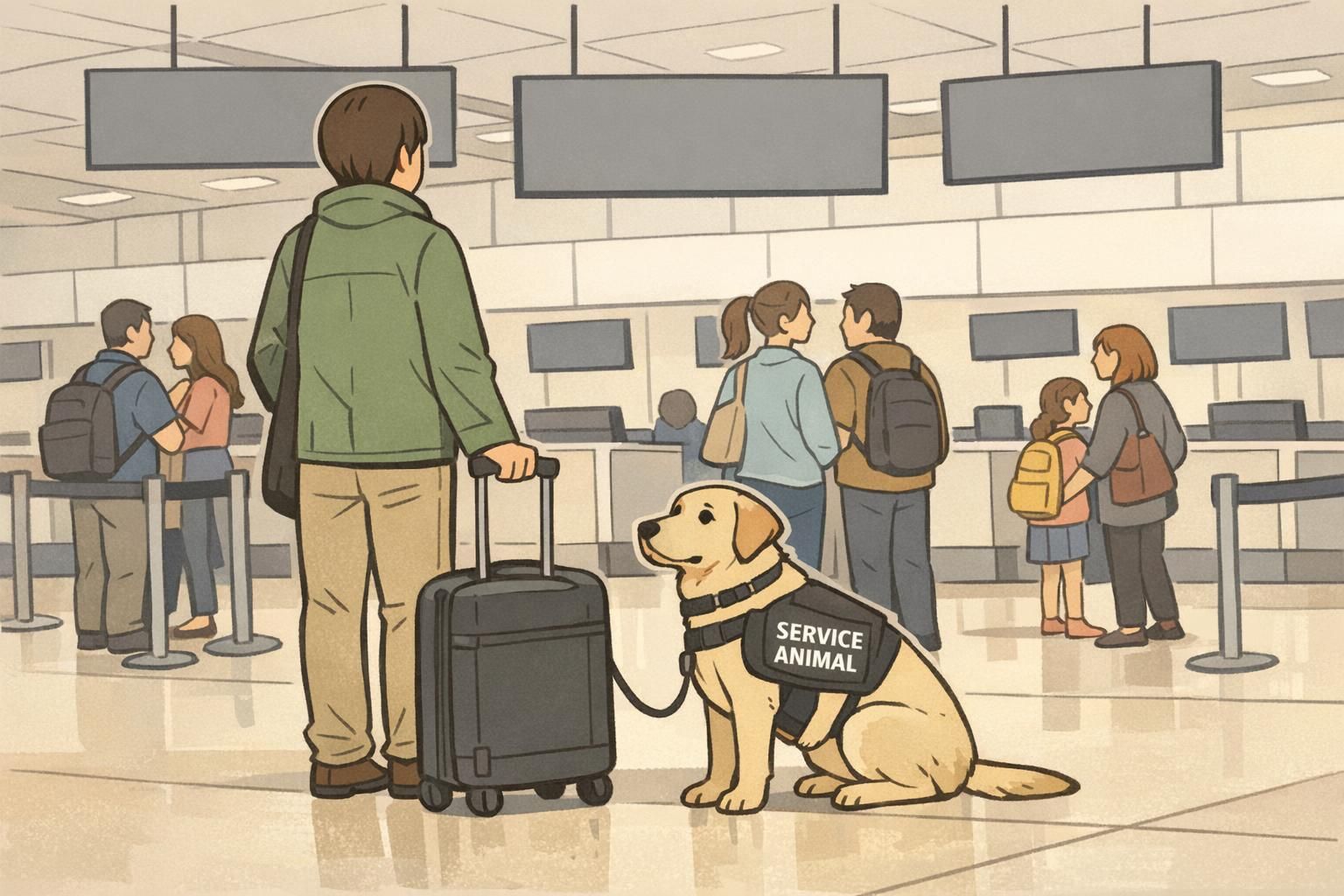 An airport check-in scene with a handler and service dog moving through a terminal; the dog’s identification vest helps the team board and transit with fewer interruptions.