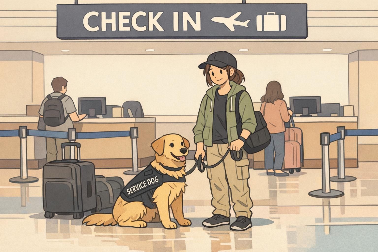 A handler stands at an airport check-in counter with a service dog wearing a clearly labeled vest during a document review.
