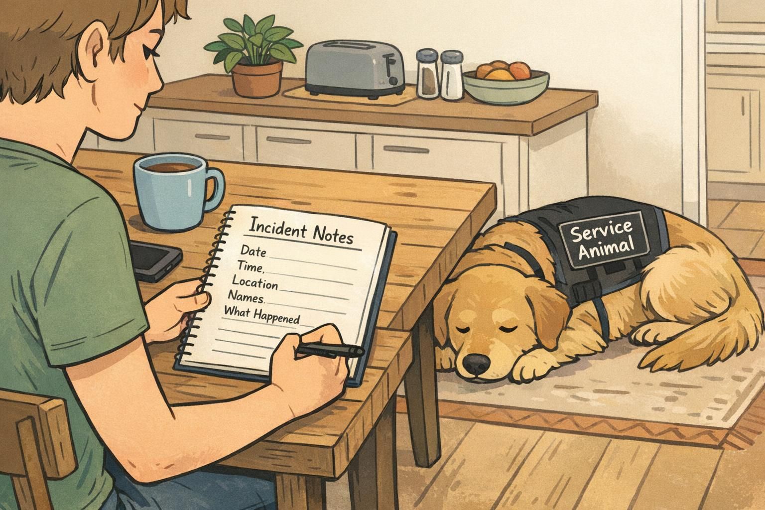 A person writing an incident log titled 'Incident Notes' at a kitchen table with their service dog resting nearby to capture date, time, names, and details.