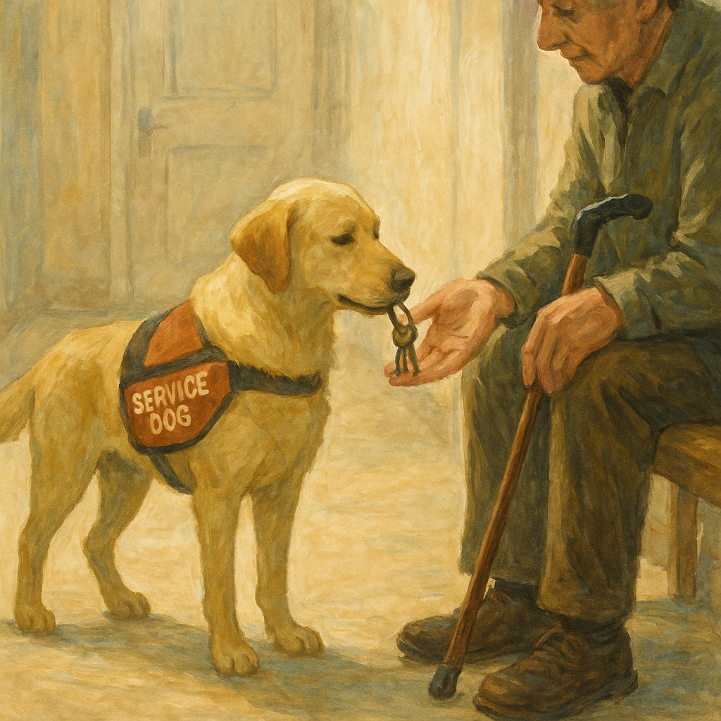 A service dog gently returns a set of keys to a seated handler beside a cane in a quiet hallway, highlighting task work and partnership.