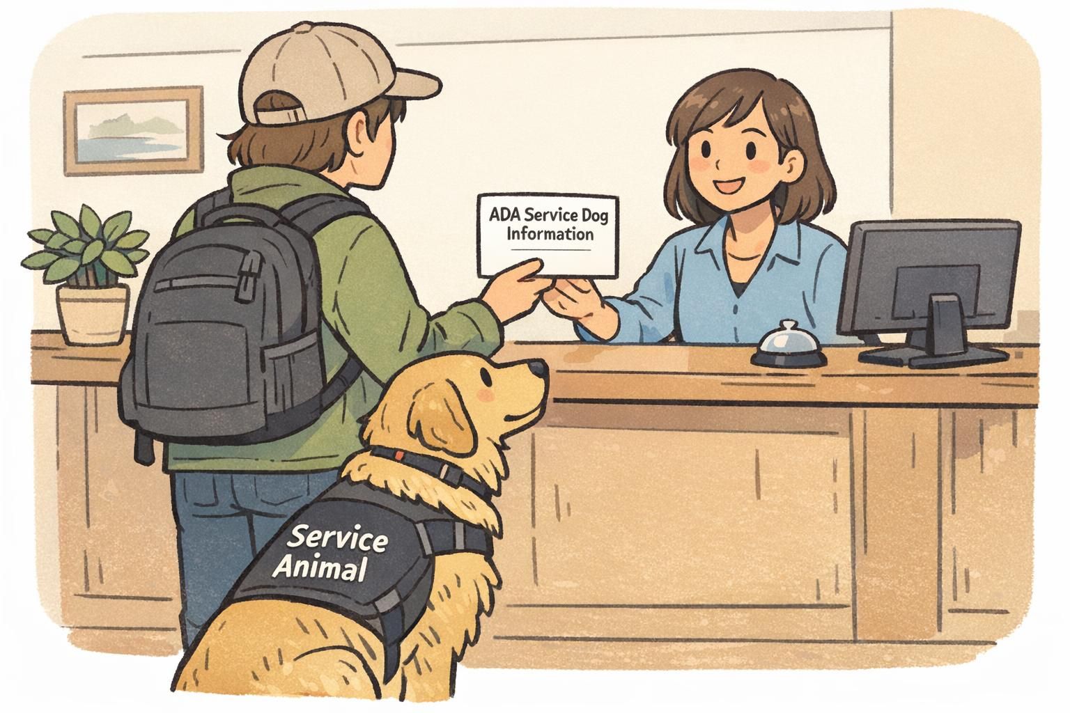 Traveler presenting a concise ADA service animal information card at the front desk while a service dog sits calmly in a service vest.