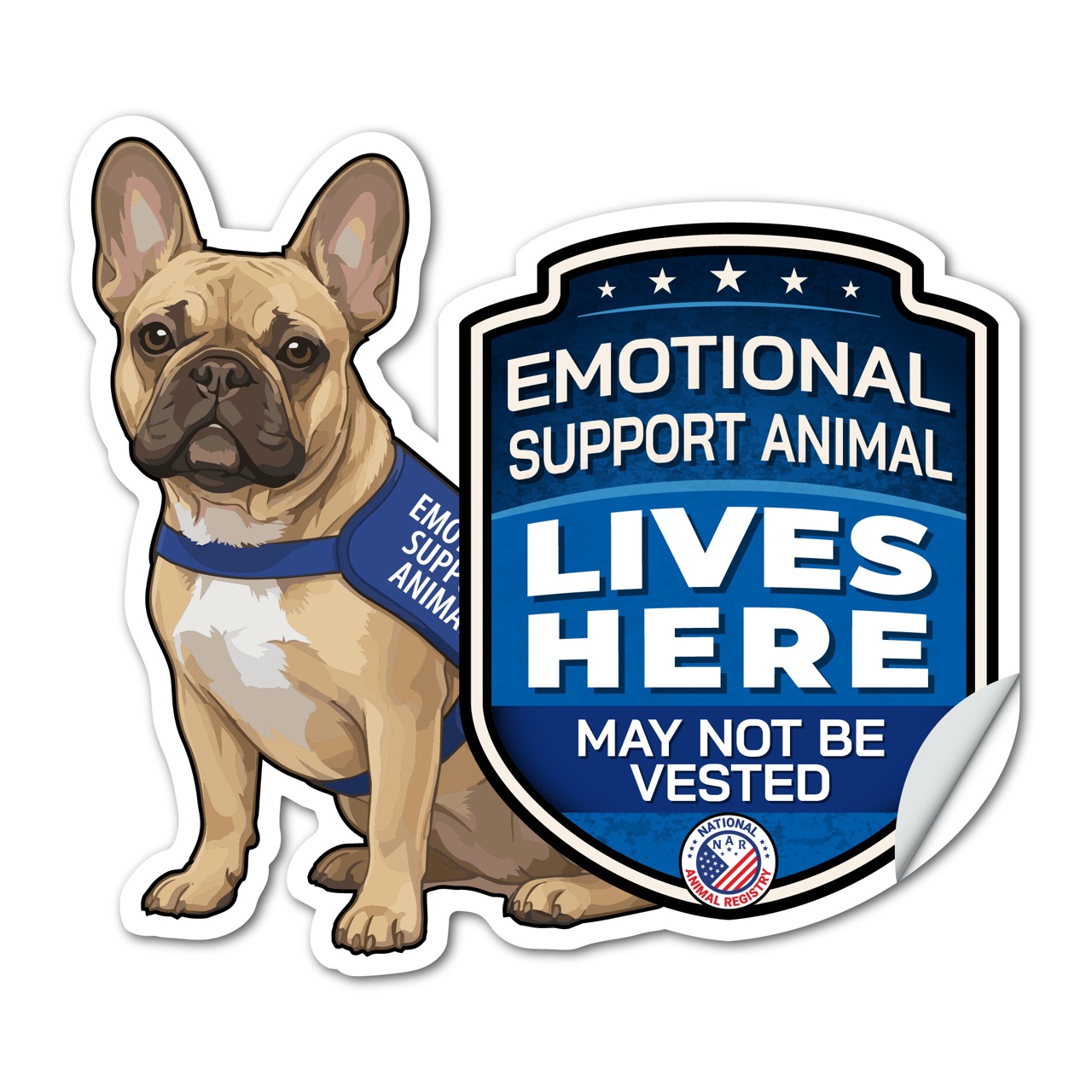 Emotional Support Animal Lives Here French Bulldog Sticker – ESA Dog Warning Decal – May Not Be Vested – Weatherproof Vinyl