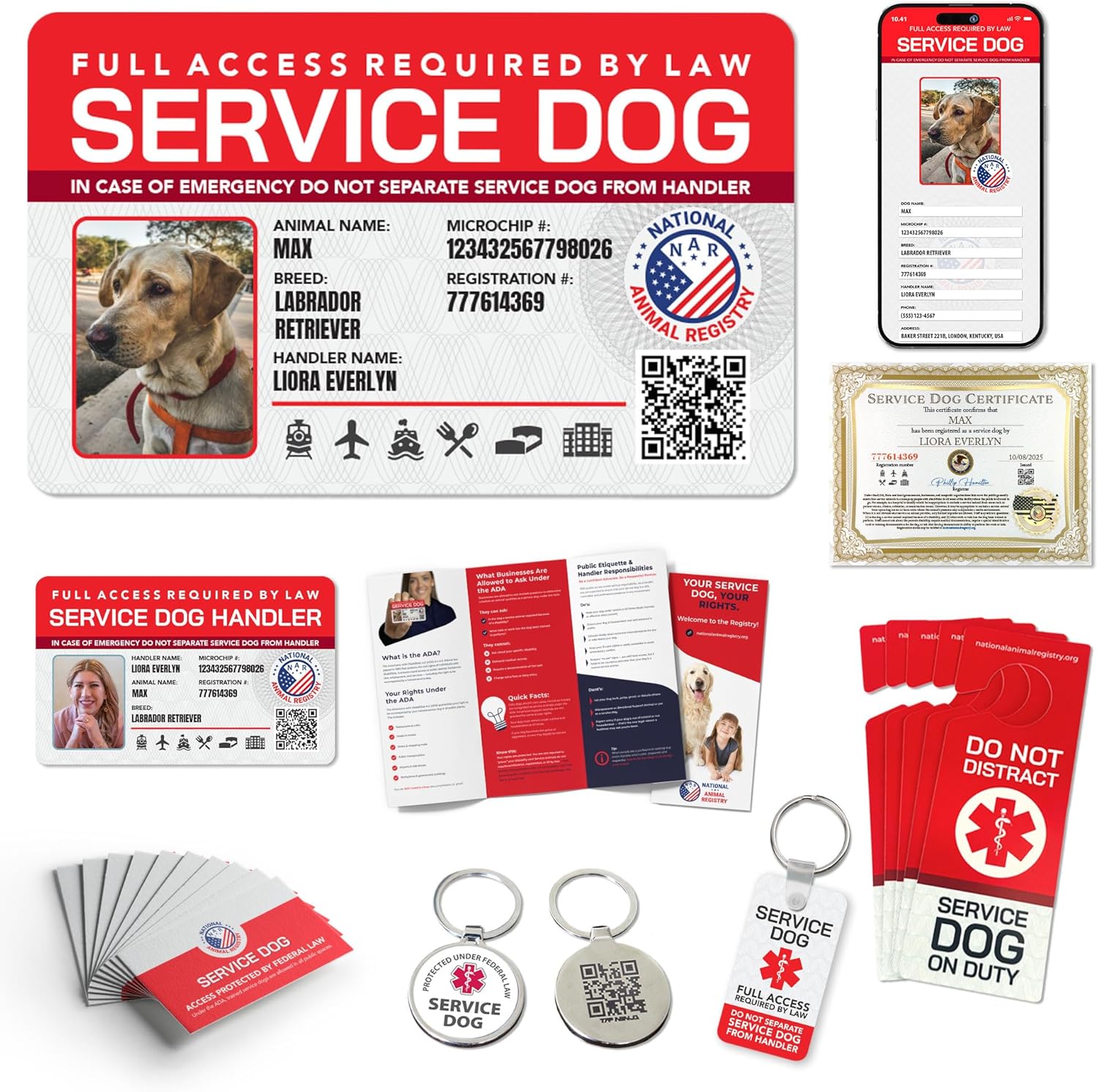Complete Service Dog Pro Registration Package with Digital Profile, Printed IDs, QR Tag, Certificate, ADA Materials, and Premium Accessories