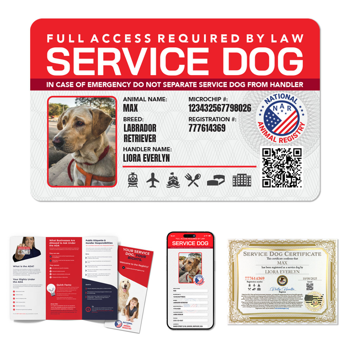 Service Dog Housing Registration Package with Digital Profile, Printed ID Card, Certificate, and Handler ID for Confident Residential Verification