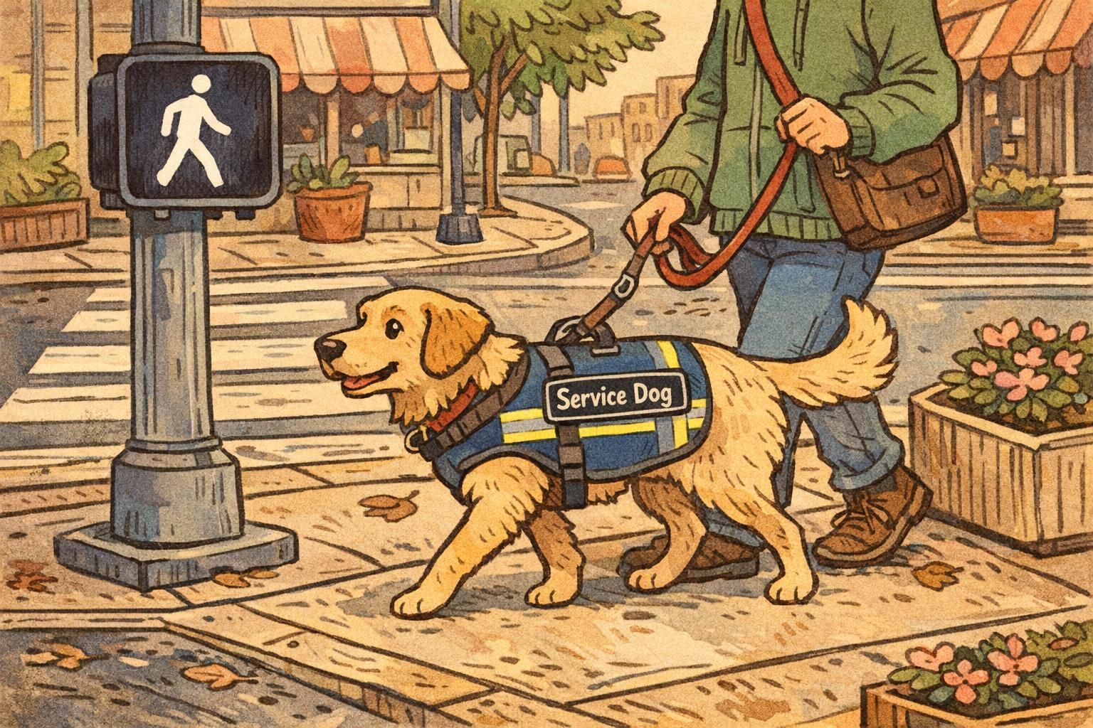 Handler walking a diabetic alert dog in a vest with reflective trim across a crosswalk at dusk for enhanced visibility.