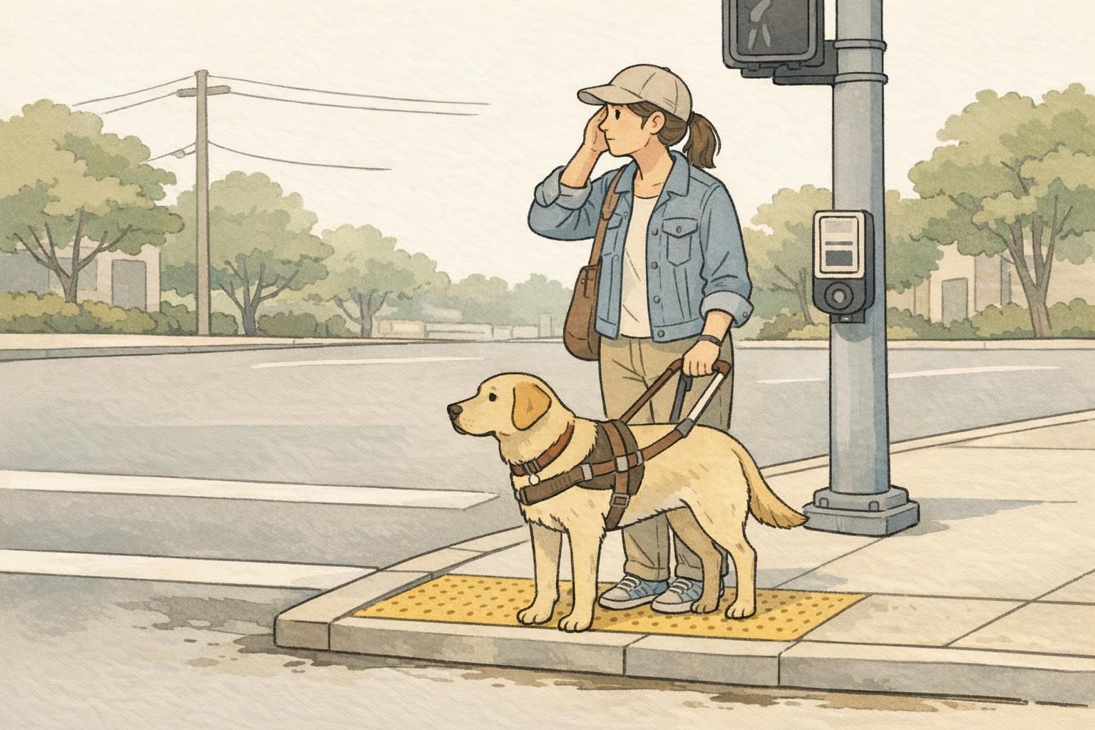 A guide dog and handler paused at a curb edge at a crosswalk as the handler listens and the dog waits, illustrating the dog refusing a forward cue when crossing would be unsafe.