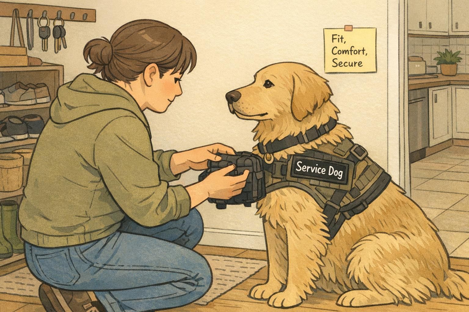 A handler adjusts a small MOLLE pouch on a service dog's vest in a kitchen entryway, checking fit, comfort, and secure attachment before heading out.