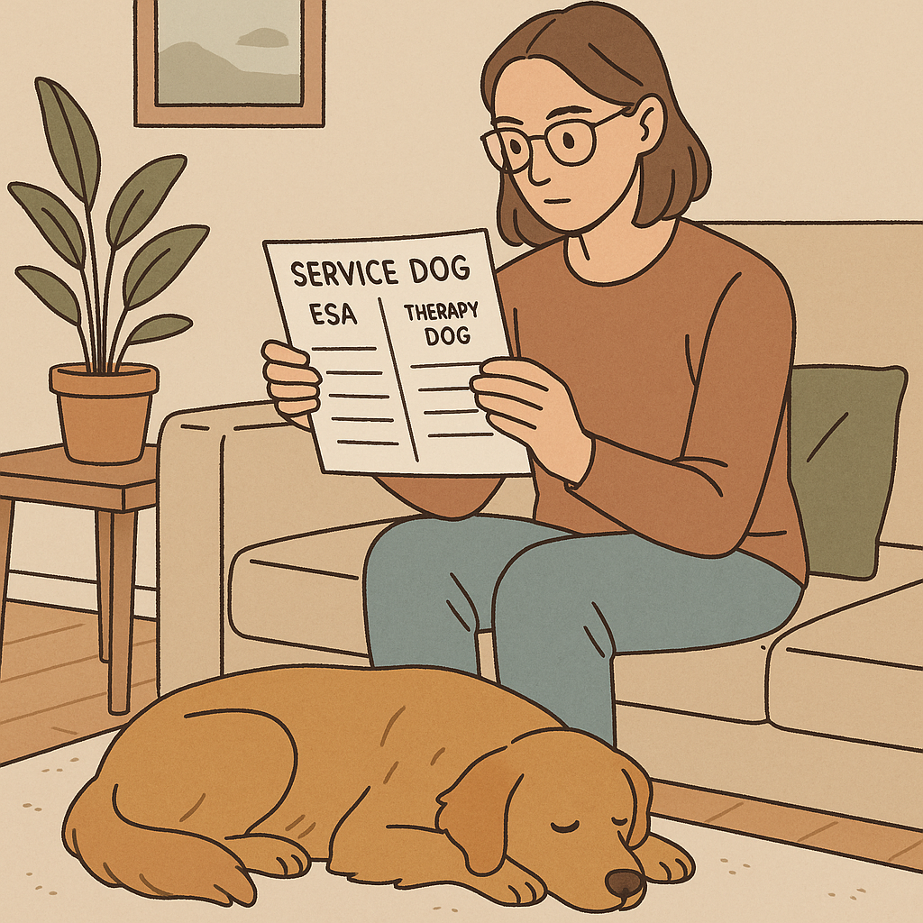 An adult handler sitting in a calm living room and reviewing a clear comparison chart labeled service dog, ESA, and therapy dog while their relaxed dog rests nearby.