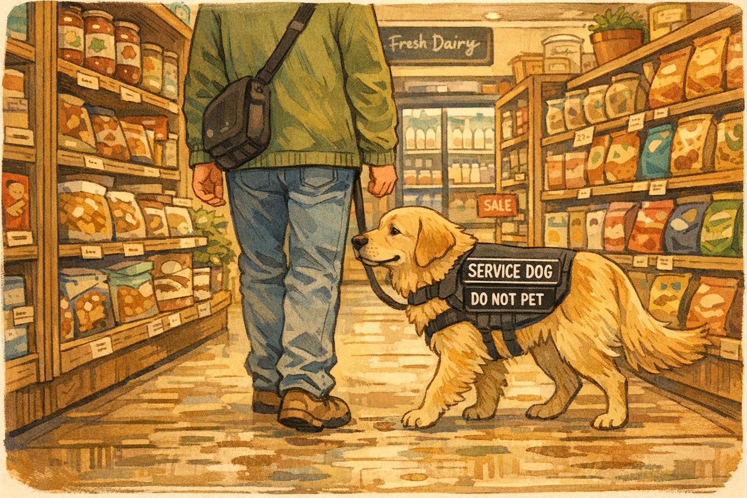 Service dog practicing loose-leash heel beside a handler in a quiet store aisle during a public access training session.
