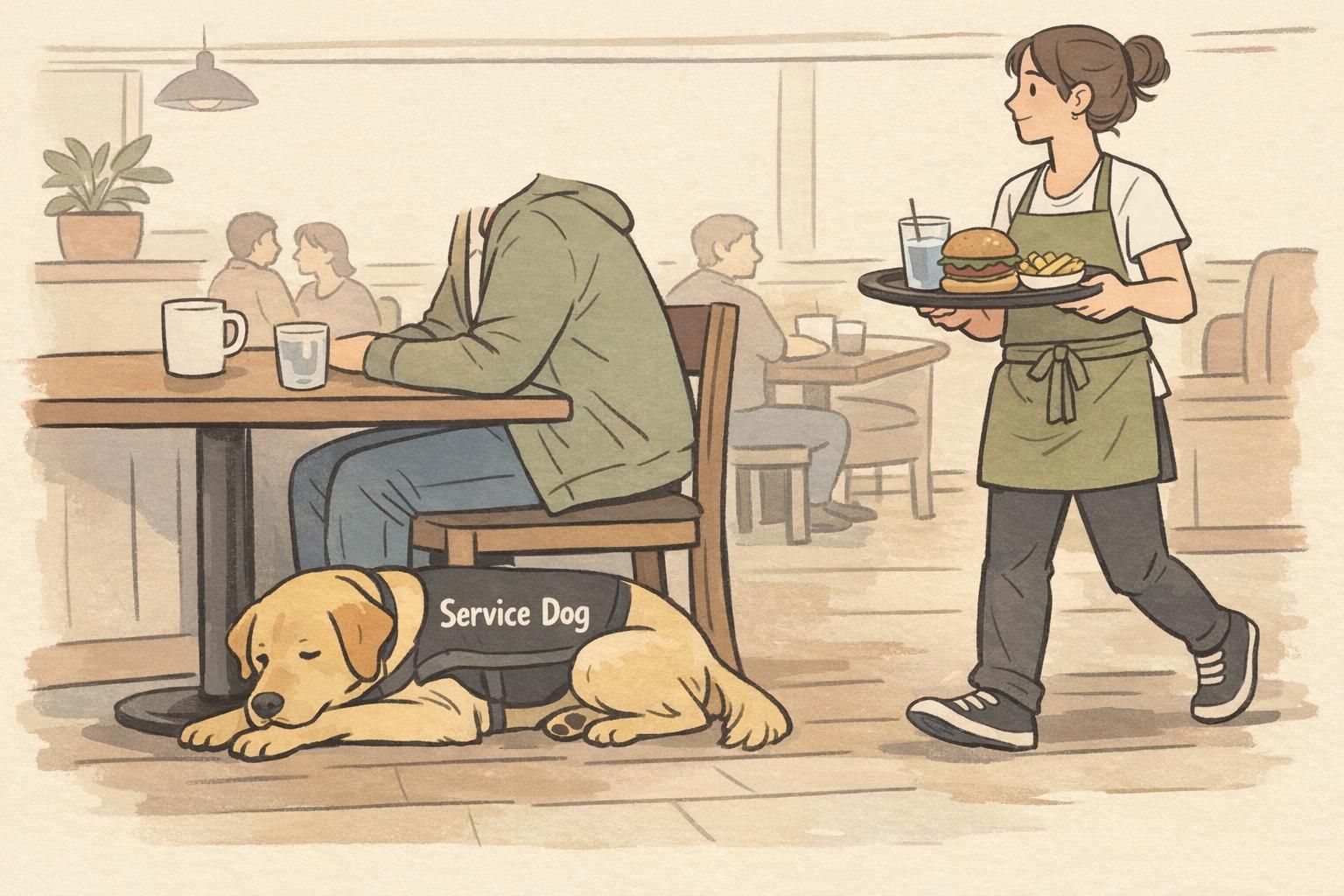 A guide dog neatly tucked under a table next to its handler in a busy restaurant, remaining calm and unobtrusive as a server walks past with a tray.