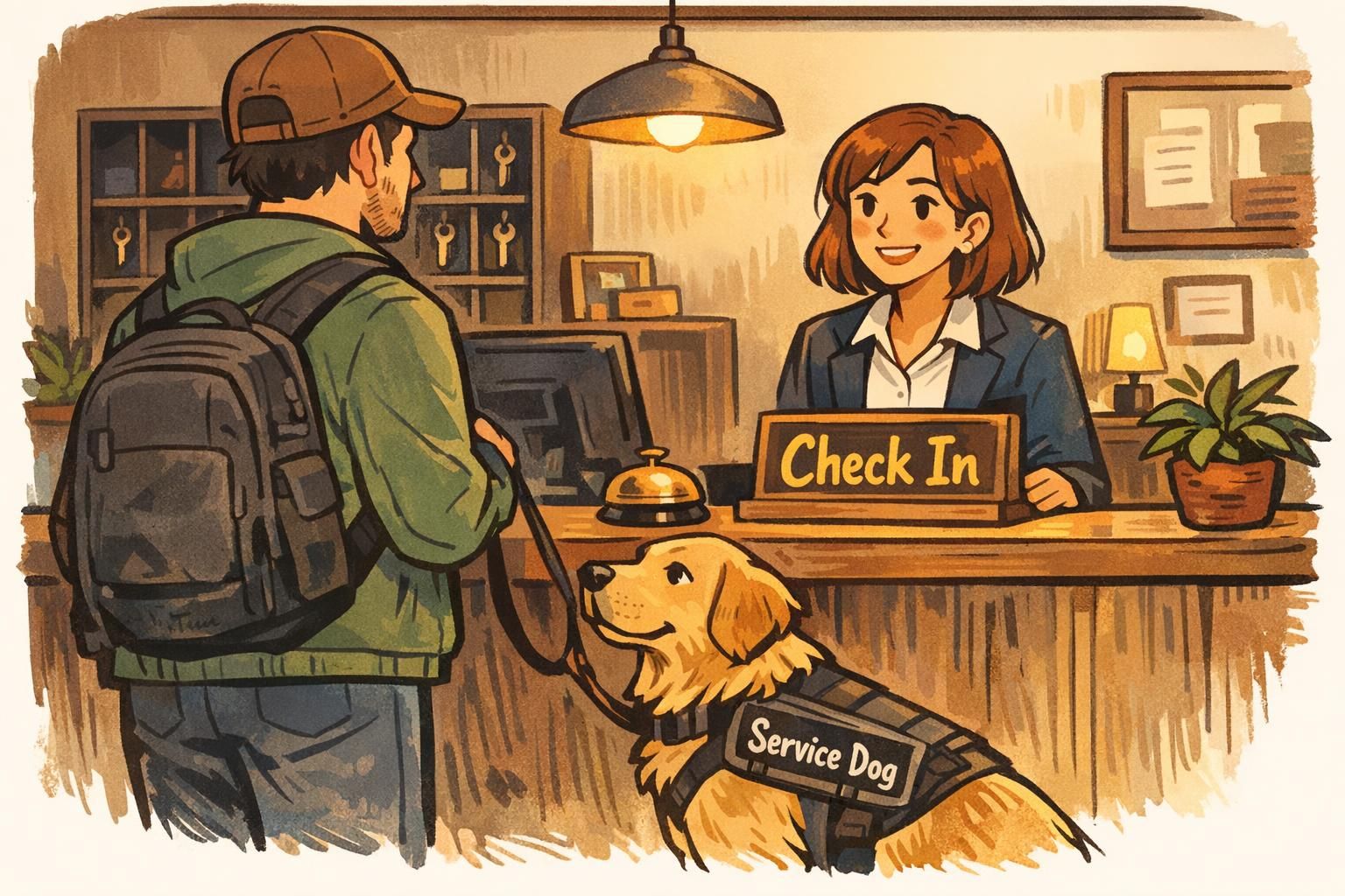 A service dog in an identifying vest stands next to its handler at a hotel front desk during check-in, with staff and a lobby environment in the background.