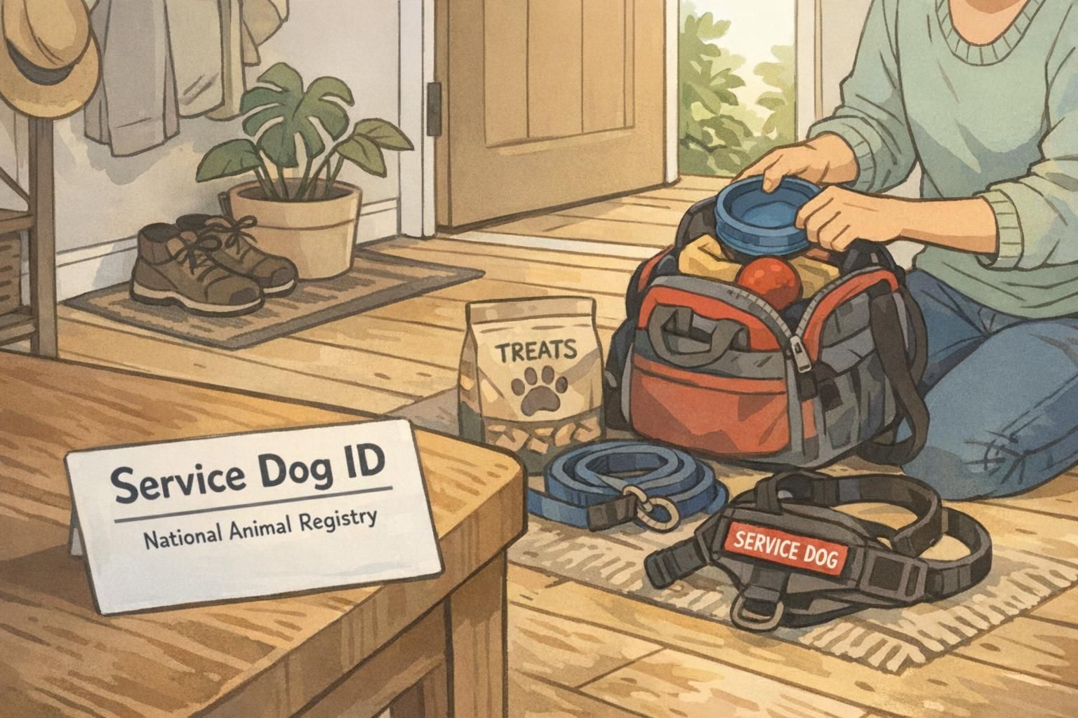 A handler packing a small grab-and-go bag and a printed service dog ID card on a table, representing travel readiness and quick-prep habits for outings.