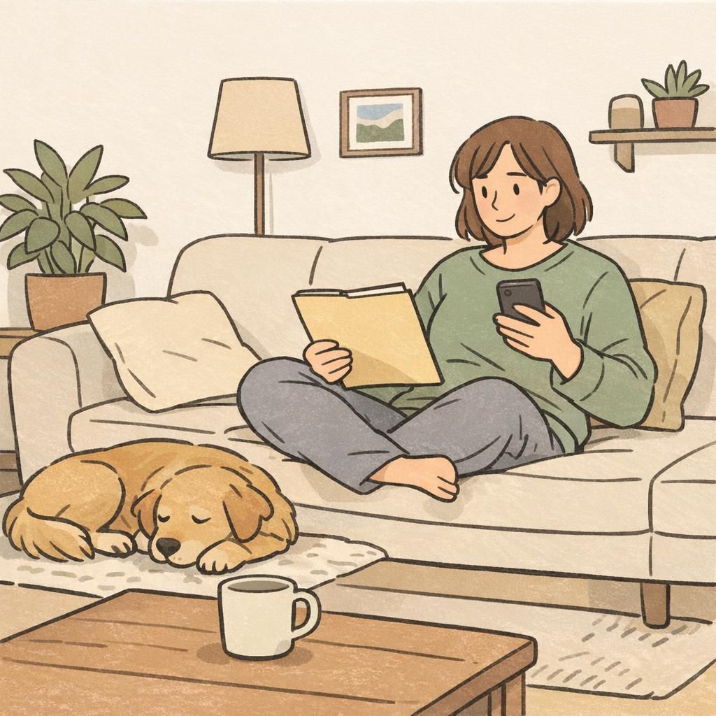 A calm living-room moment as an adult reviews a folder and phone while their dog rests nearby, conveying home organization and pet record-keeping.