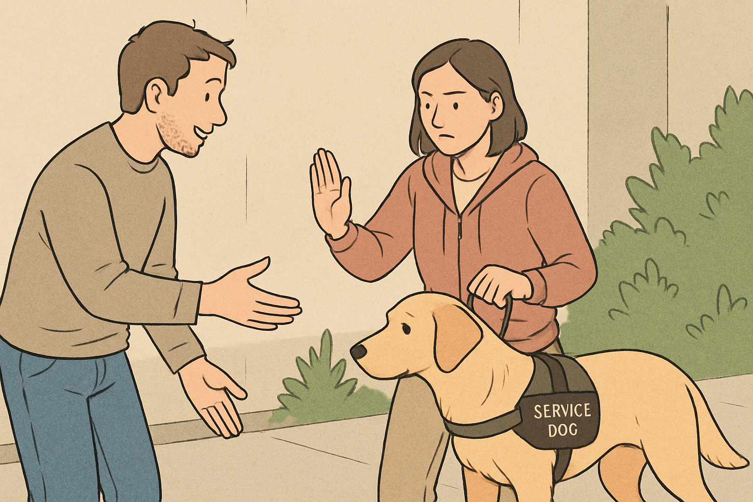 Handler raising an open palm to politely block a stranger reaching toward a working dog while stepping to reposition the animal.