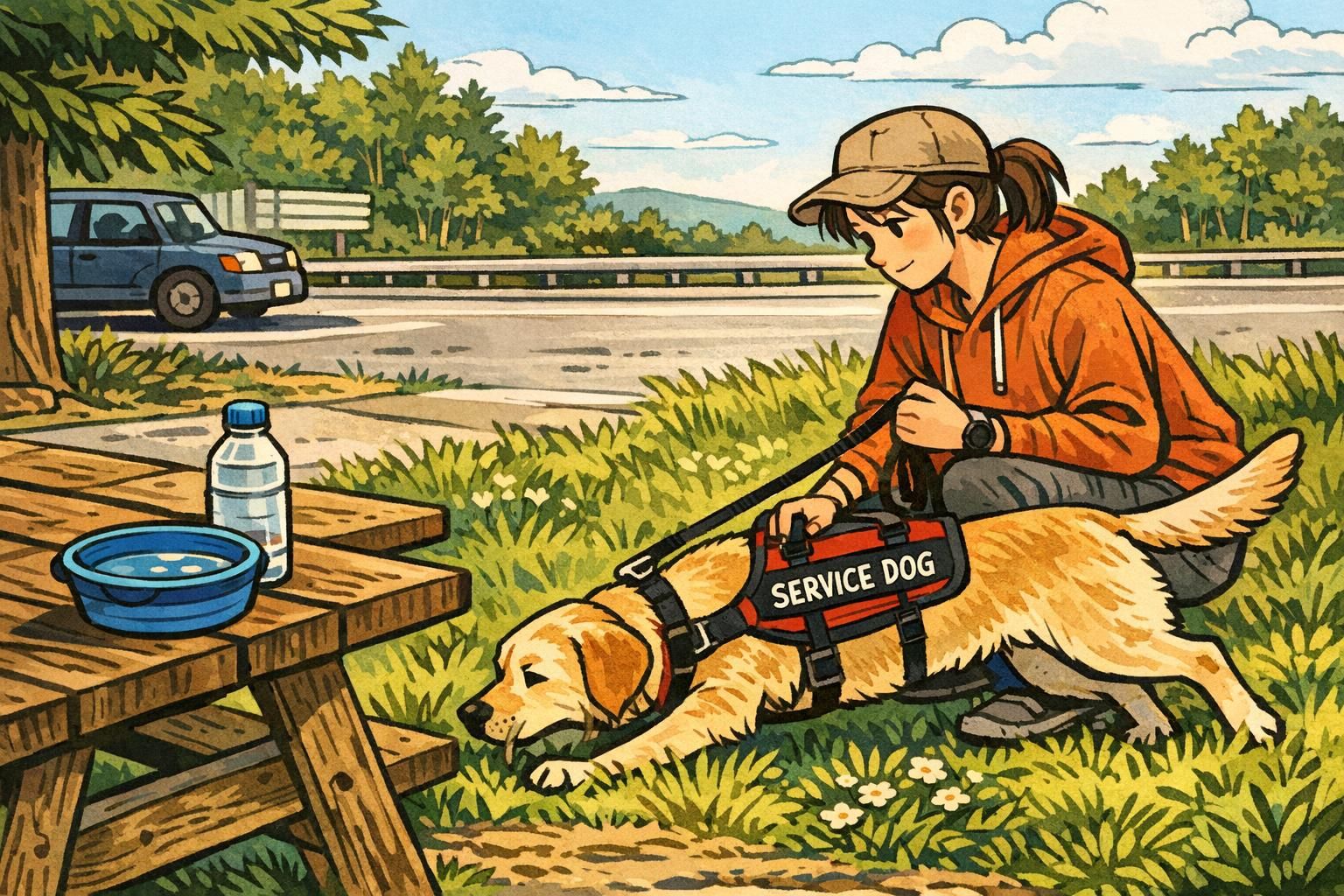 Handler gives a service dog a short leash break at a grassy highway rest area; a collapsible water bowl and bottle sit on a nearby picnic table.