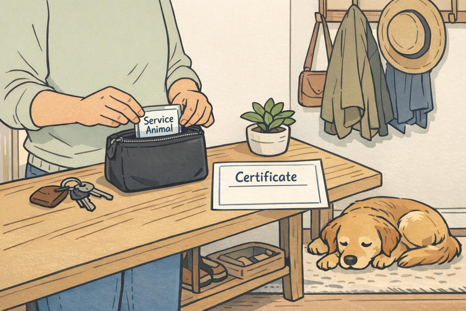 An adult organizes an ID card and certificate in a small pouch on a home console table with a calm dog nearby, showing practical identification tools for ESA conversations.