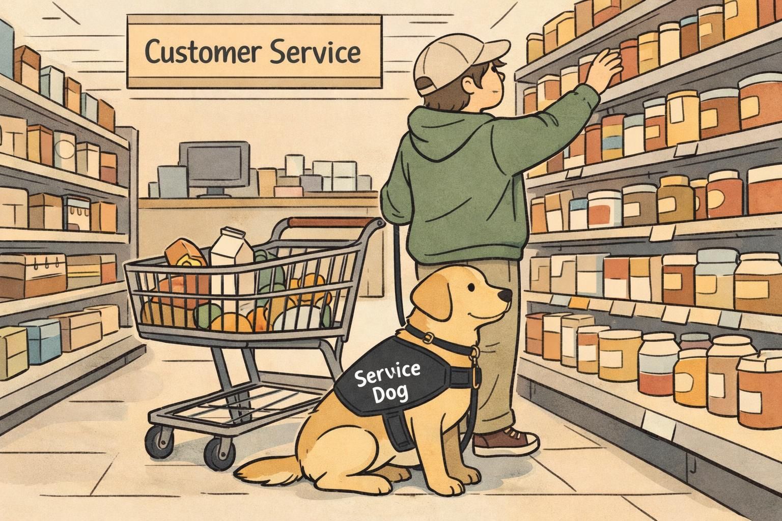 Inside a small grocery aisle a service dog sits calmly next to a shopping cart while the handler reaches for an item, showing polite public behavior amid shoppers.
