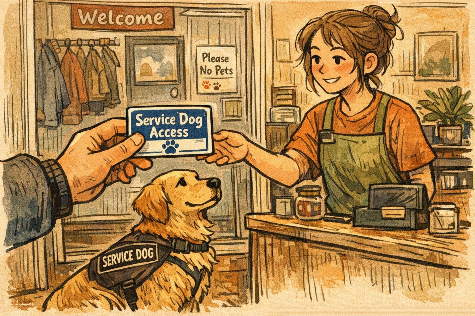 Handler offering a wallet-sized service dog identification card to a store employee while the diabetic alert dog sits calmly.