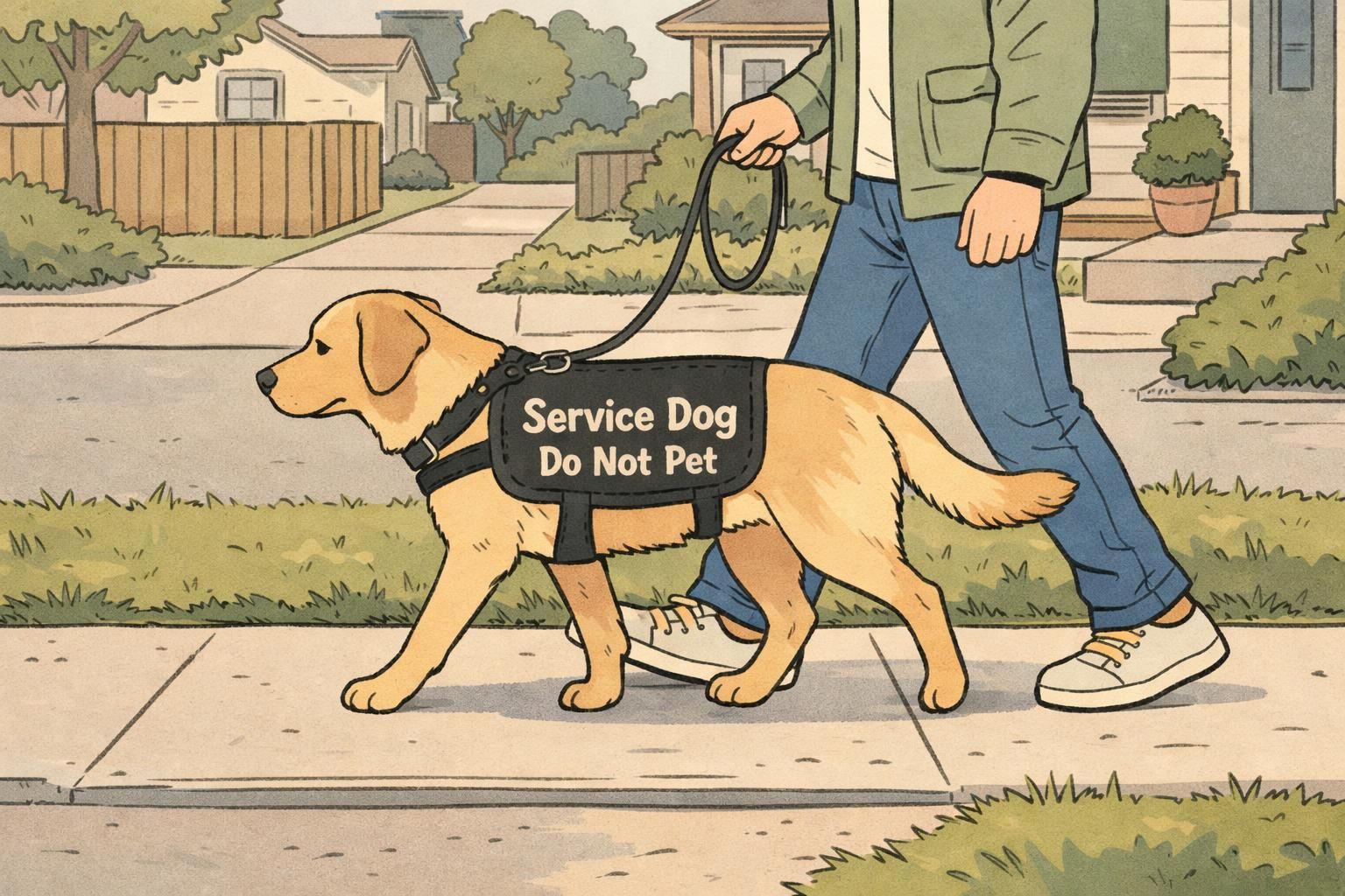 A service dog walks in heel position on a quiet neighborhood sidewalk beside its handler, wearing a vest that indicates it is a working Service Dog.