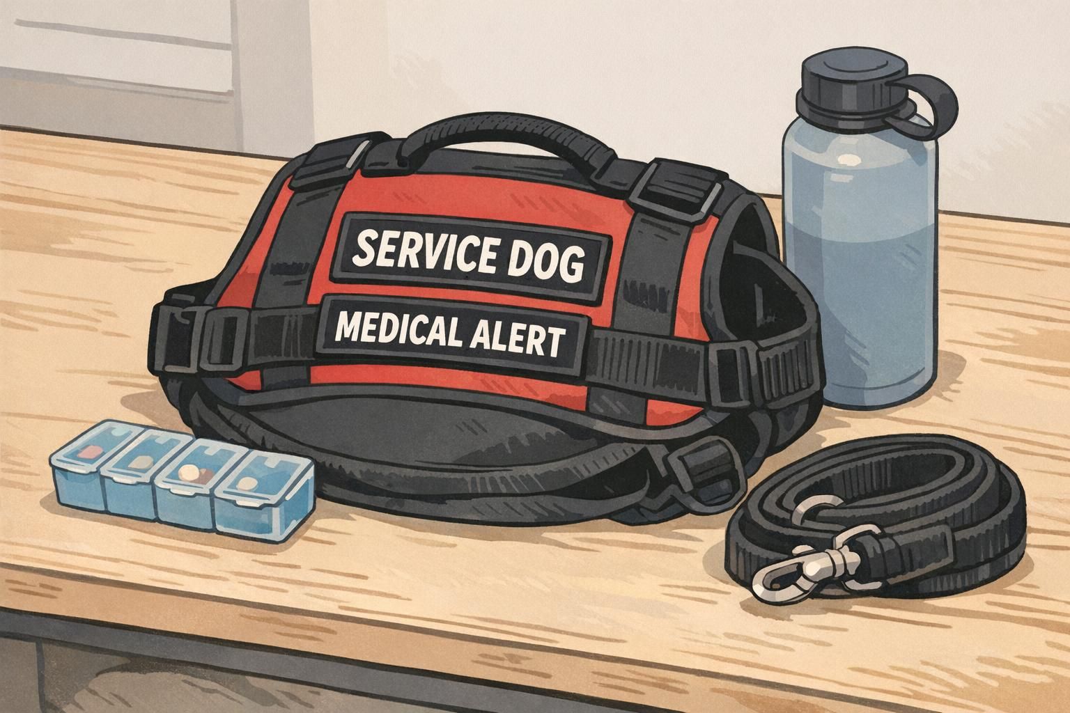 A neatly arranged service dog vest on a table next to small travel essentials, illustrating functional features like patches, pockets, and a lightweight handle.