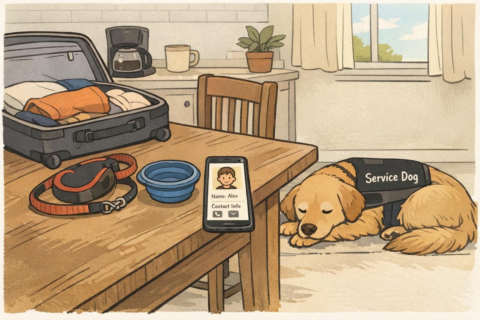 A kitchen table packed for travel with an open suitcase, leash, collapsible bowl, and a phone showing a digital service-dog profile while the dog rests nearby.