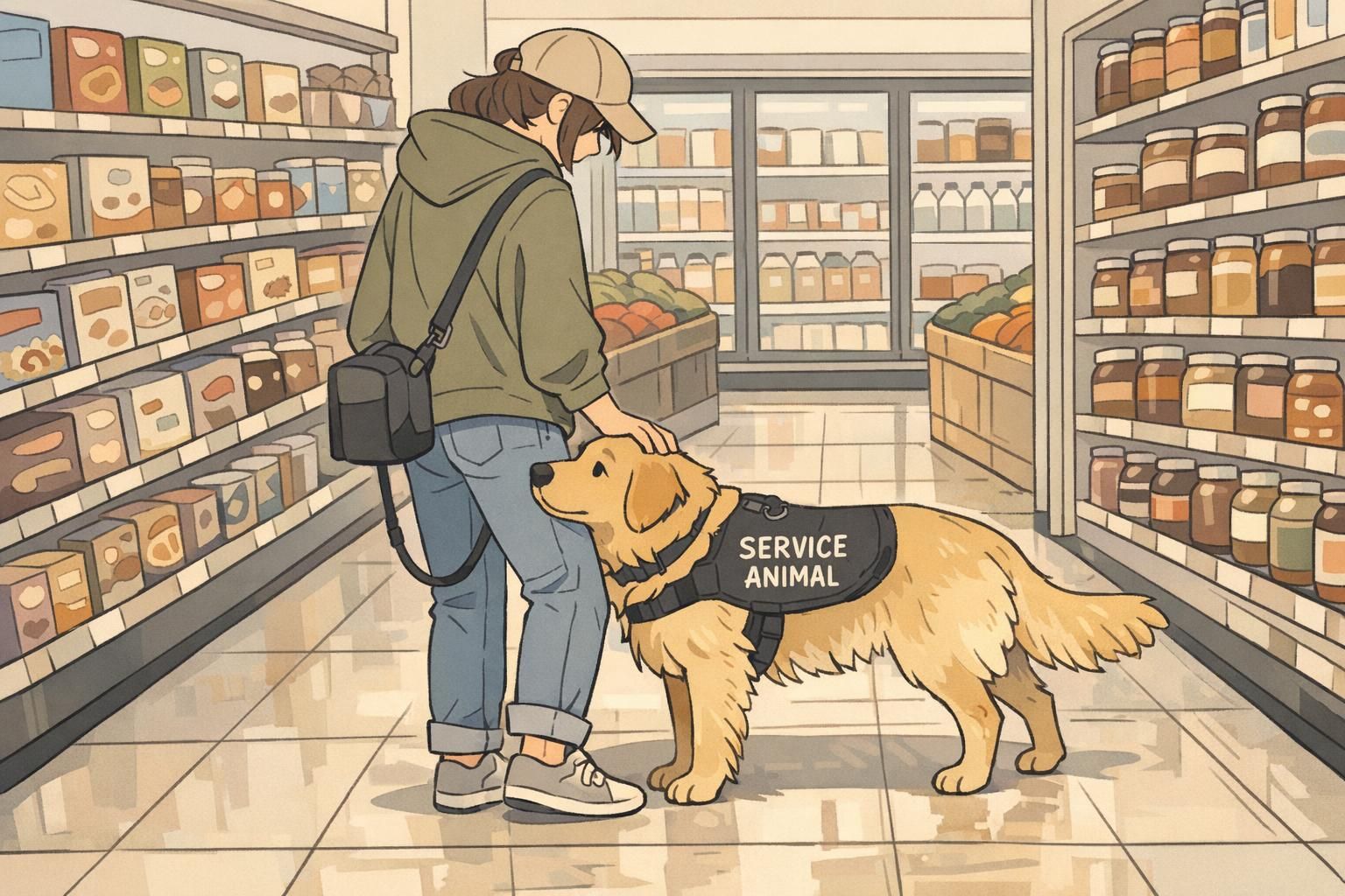A service dog gently blocks its handler in a grocery store aisle to prevent stepping forward into a hazard, showing non-intentional cue-based support.