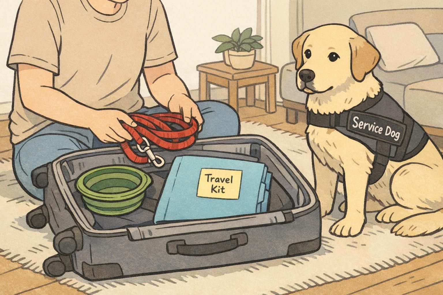 Person packing a carry-on at home with a leash, collapsible bowl, and document folder while their service dog watches, showing pre-flight preparation.