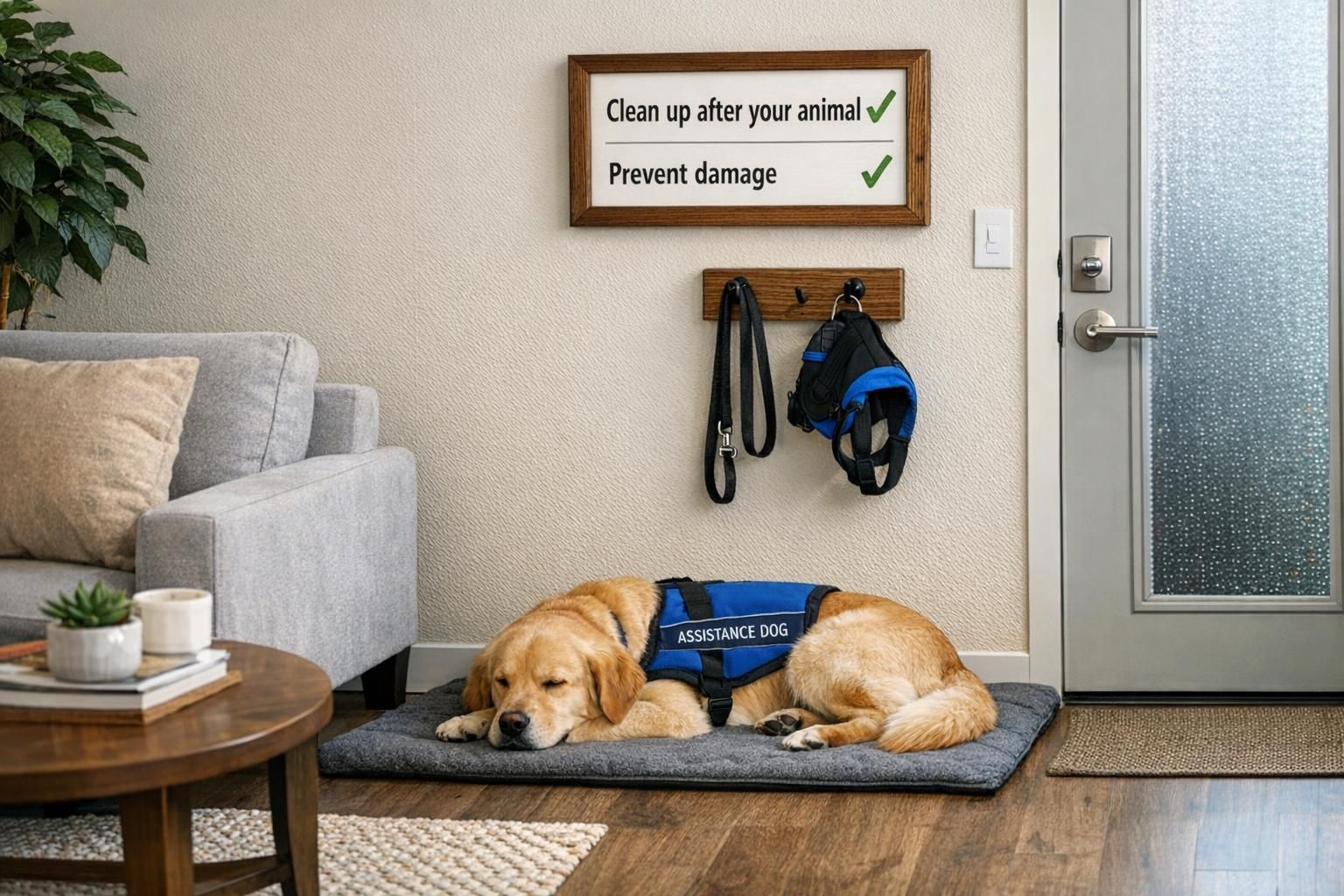 An apartment living room with an assistance dog resting on a mat near the door and a visible wall checklist reminding residents to clean up and prevent damage.
