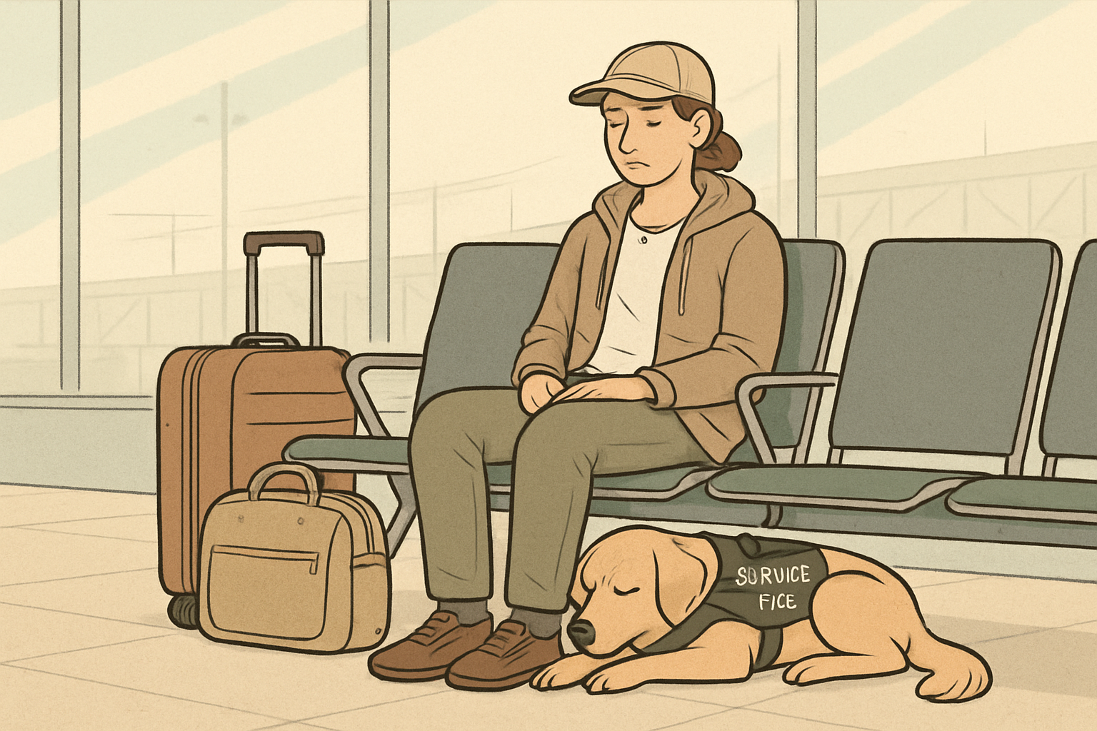 Traveler seated in an airport waiting area with a service dog tucked neatly under the chair beside luggage, both appearing relaxed.
