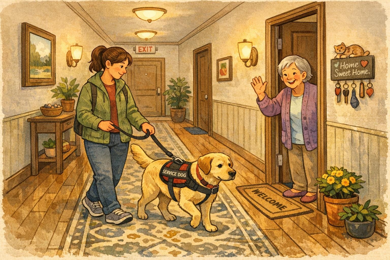 A handler walking an assistance dog on a leash down an apartment hallway, demonstrating controlled behavior and access to shared residential areas.