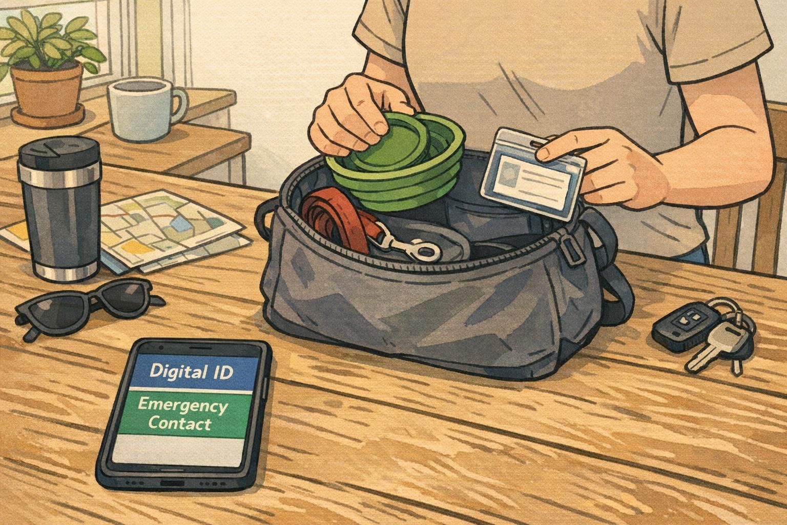 Kitchen table travel prep showing a person packing a bag with a leash, collapsible bowl, and ID card sleeve while a phone displays a digital ID and emergency contact.