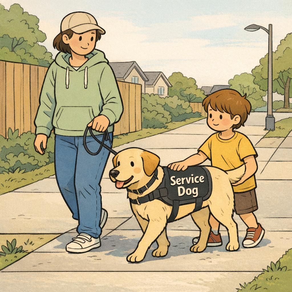A parent and child walk a calm service dog along a neighborhood sidewalk during a quiet daytime outing, showing a relaxed, everyday support moment.