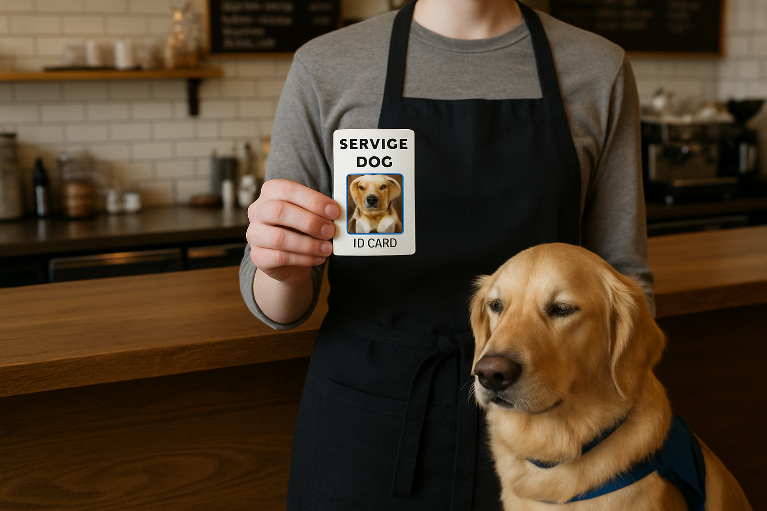 A handler at a café counter holds a simple service dog ID card while the service dog rests calmly at their side, illustrating helpful documentation in public.