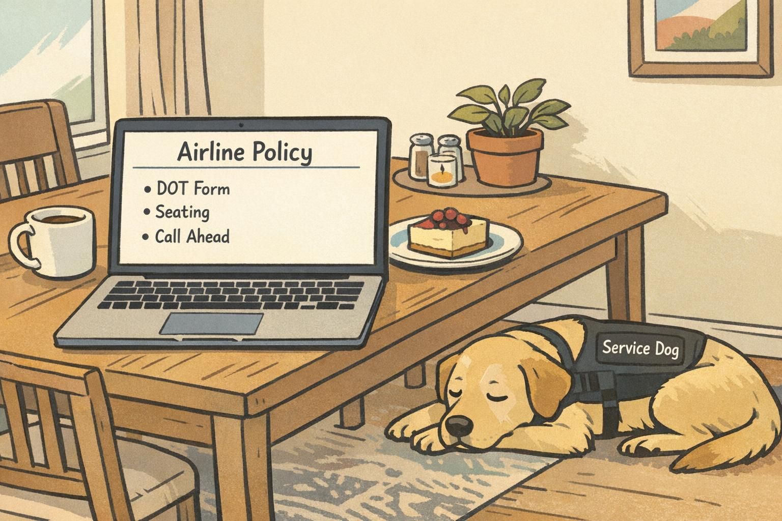 A home workspace showing a laptop with an airline policy page and a service dog resting nearby while the handler researches travel rules.