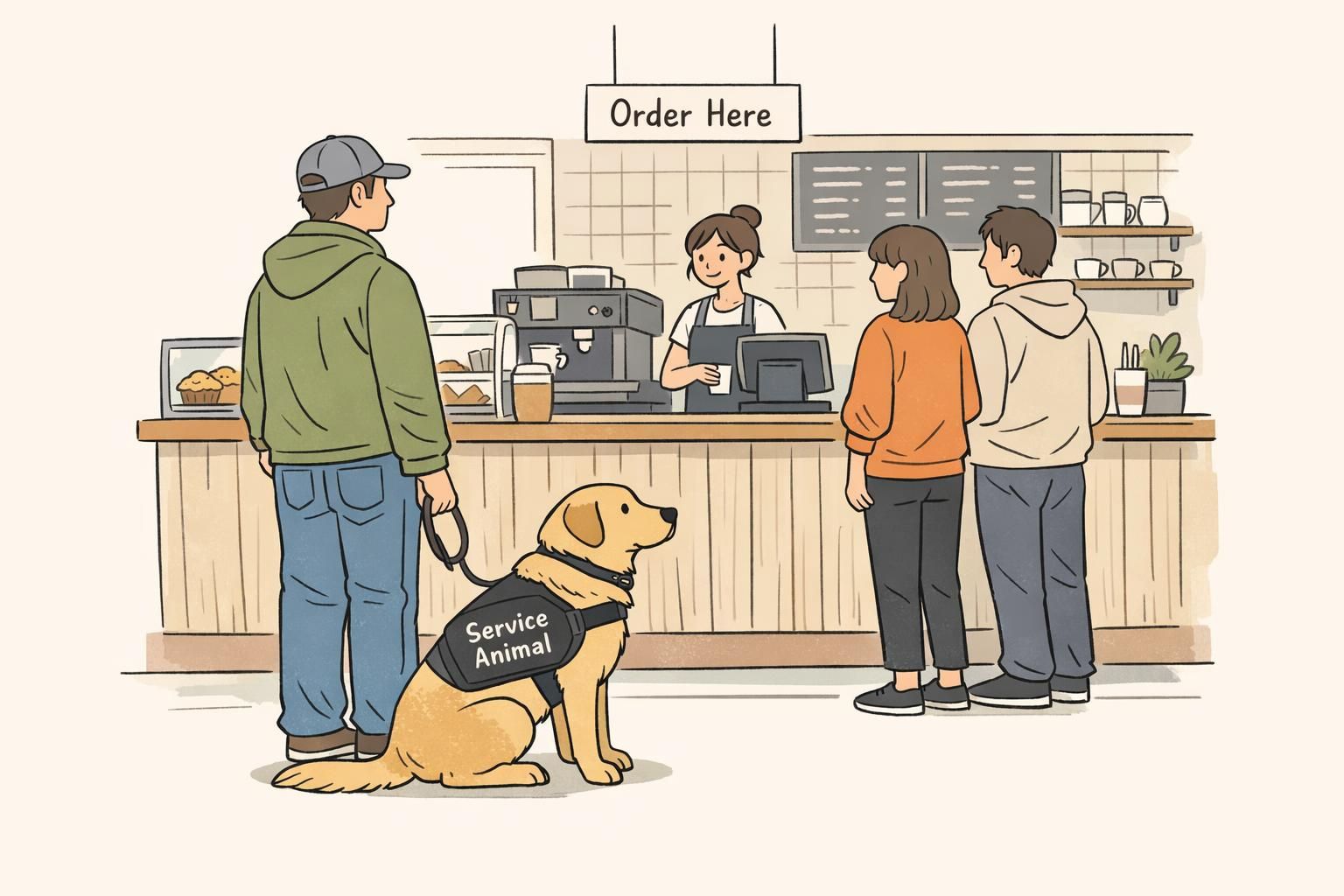 A handler stands in a quiet coffee shop line beside a calm service dog wearing a readable vest near the order counter.