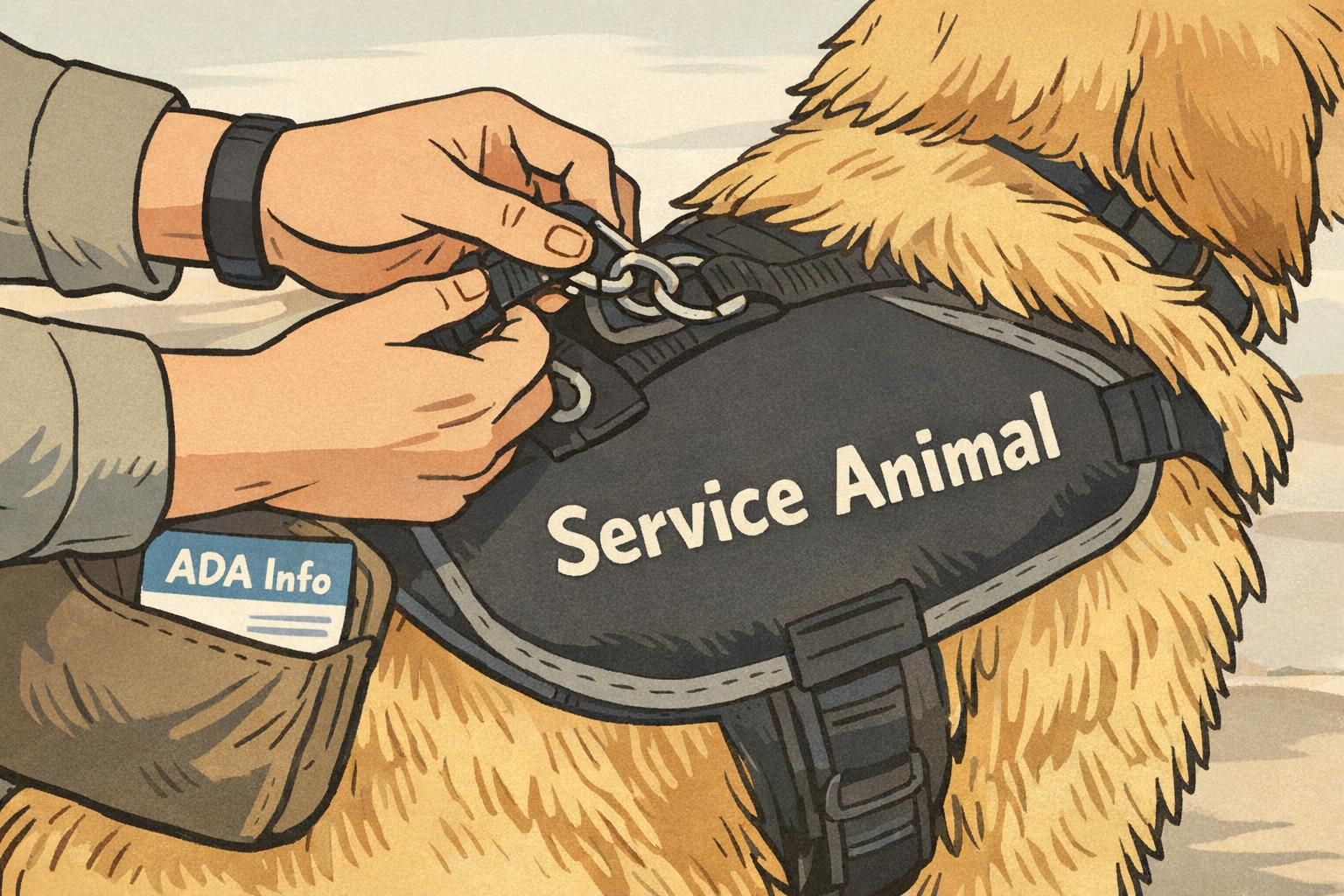 Close-up of a service dog in a working vest as the handler clips on a leash and displays a compact identification card for quick verification.