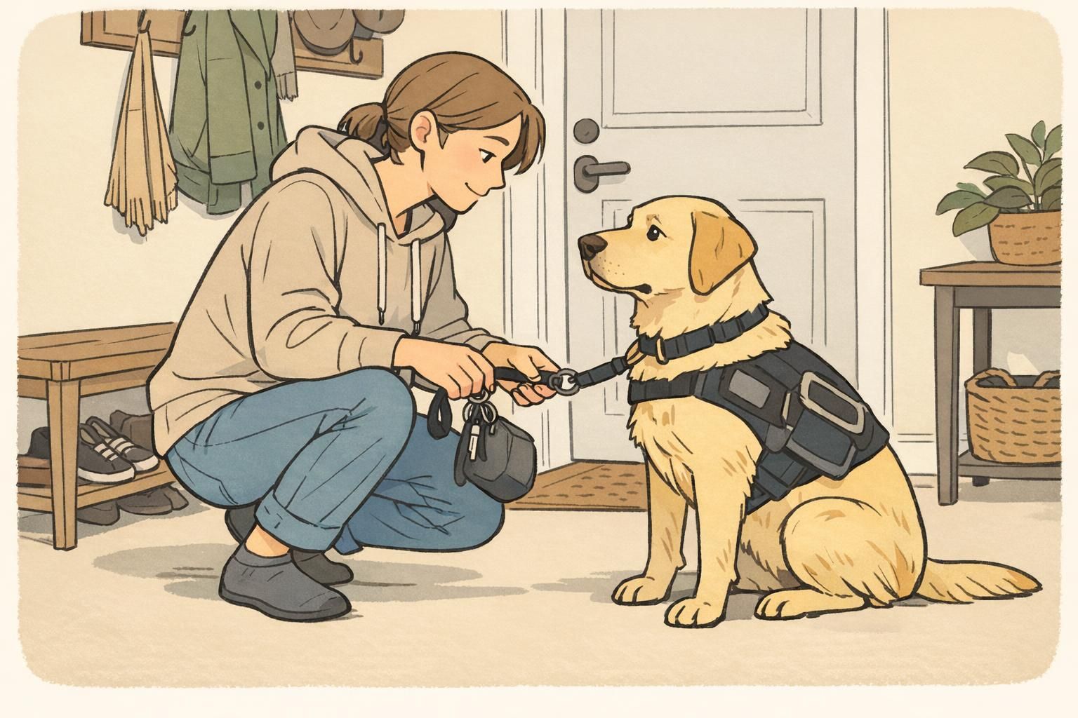 Morning entryway: a handler clips a leash onto a composed service dog, holding keys and a small pouch as they prepare to step out together.