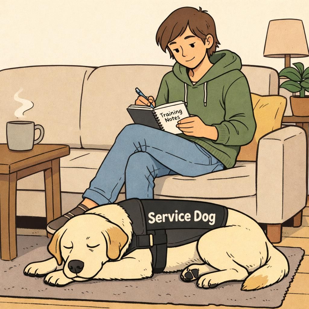 A handler reviews a small training notebook on a living-room sofa while a calm service dog in a working vest rests at their feet, illustrating owner-led planning and preparation.