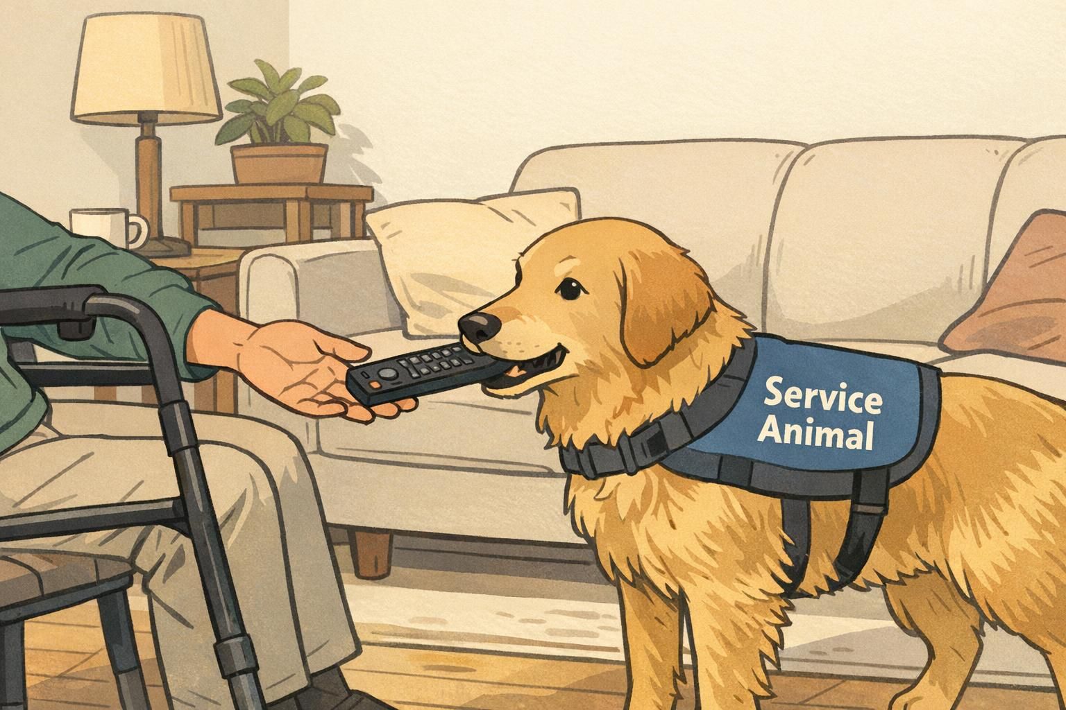In a living room, a service dog wearing a working vest gently retrieves a dropped TV remote and places it into an adult's hand as they use a mobility aid.