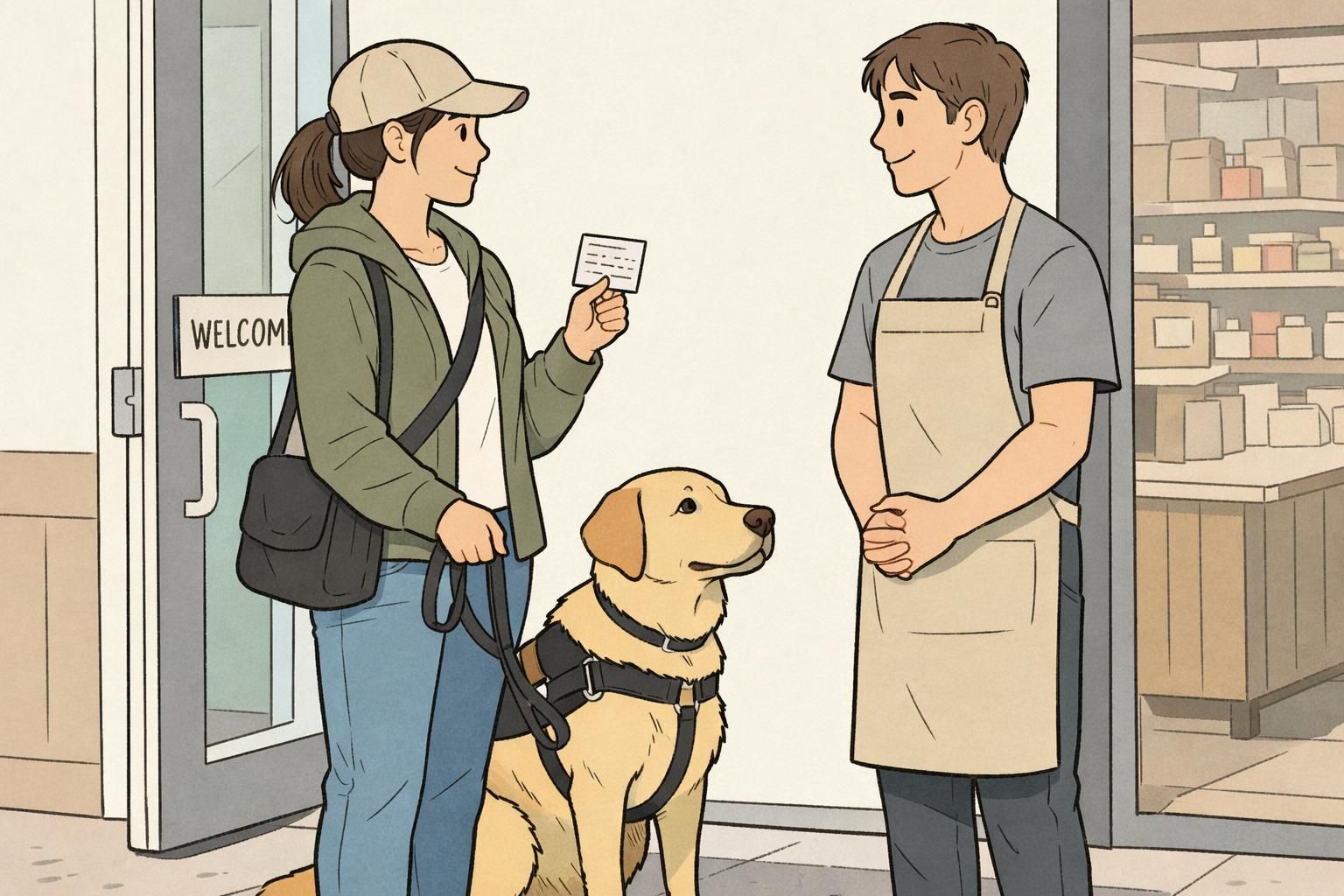 A calm, respectful exchange at a store entrance with a handler holding an informational card and the dog standing at heel.