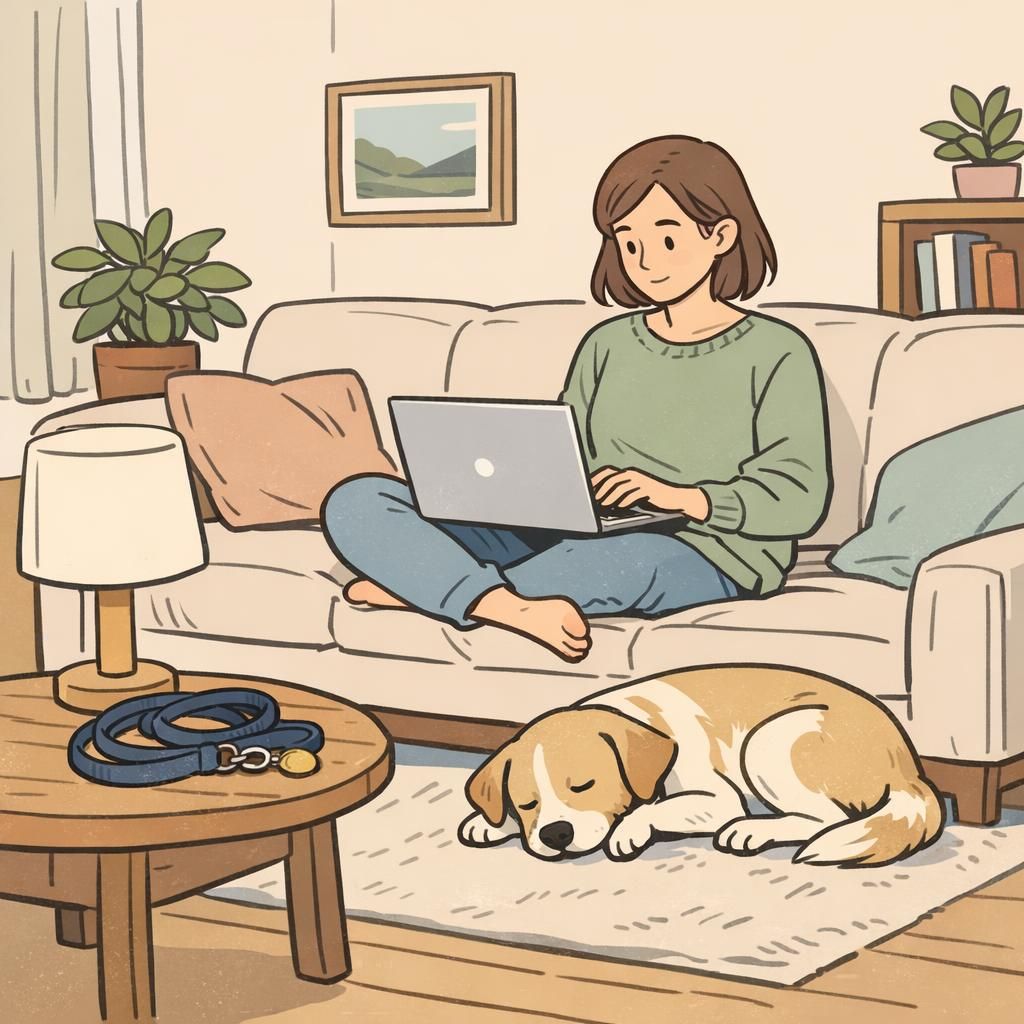 Person working on a laptop on a living room sofa with their dog resting nearby and a leash and ID tag visible on a side table, conveying everyday pet ownership and organization.
