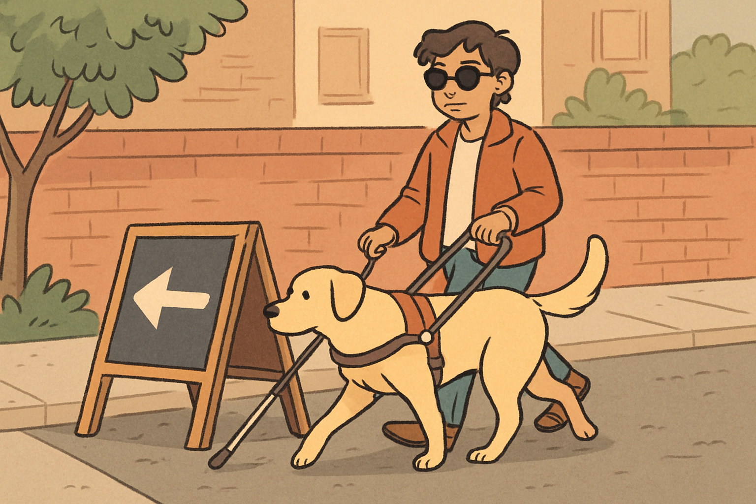 Guide dog in a harness leads a person with low vision safely around a sidewalk sign, showing obstacle avoidance and confident navigation.