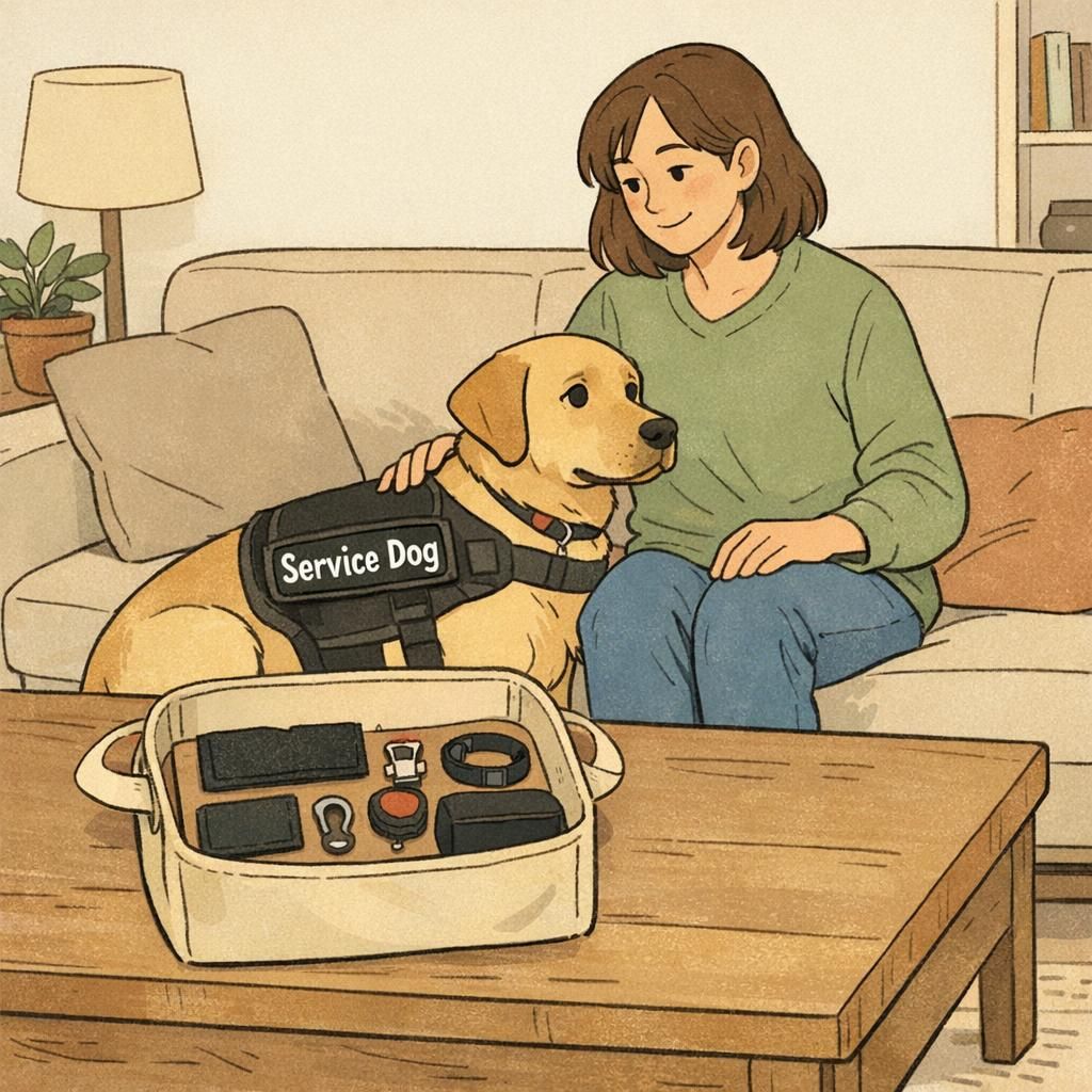 A handler sits on a living room sofa beside a calm service dog wearing a clearly labeled vest while a small open tote on the coffee table displays organized vest accessories like patches, a clip, and a pouch.