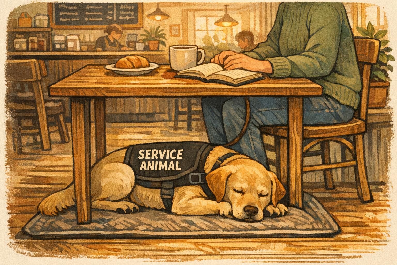 Service dog settled on a mat under a coffee shop table while the handler sits calmly nearby, demonstrating reliable settle skills.