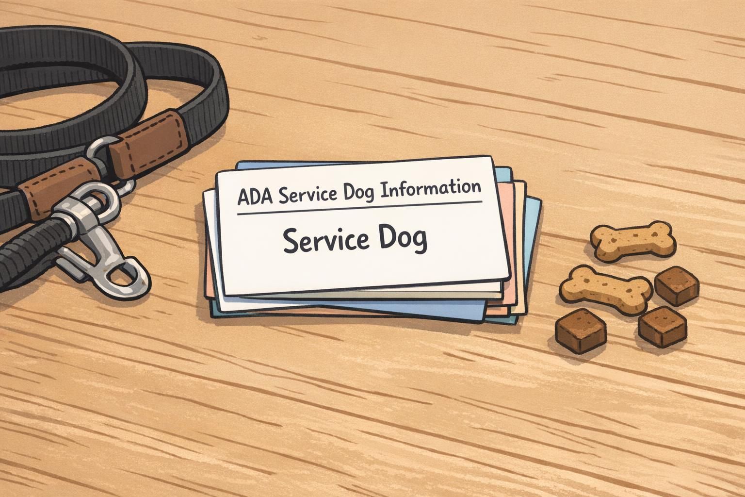 Close-up of a tabletop showing a stack of ADA quick-reference wallet cards for service dog information next to a leash and treats.